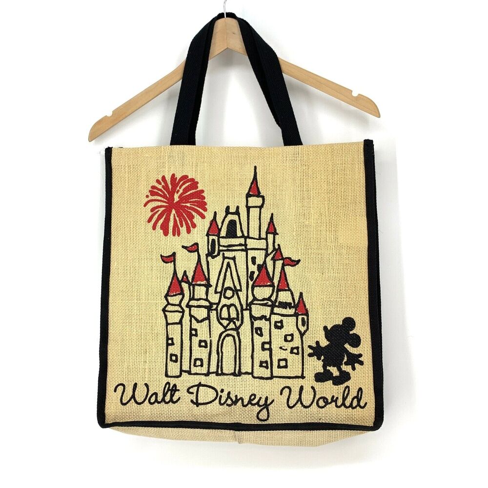 Authentic Walt Disney World Disney Parks Burlap Tote Bag Mickey Mouse Castle